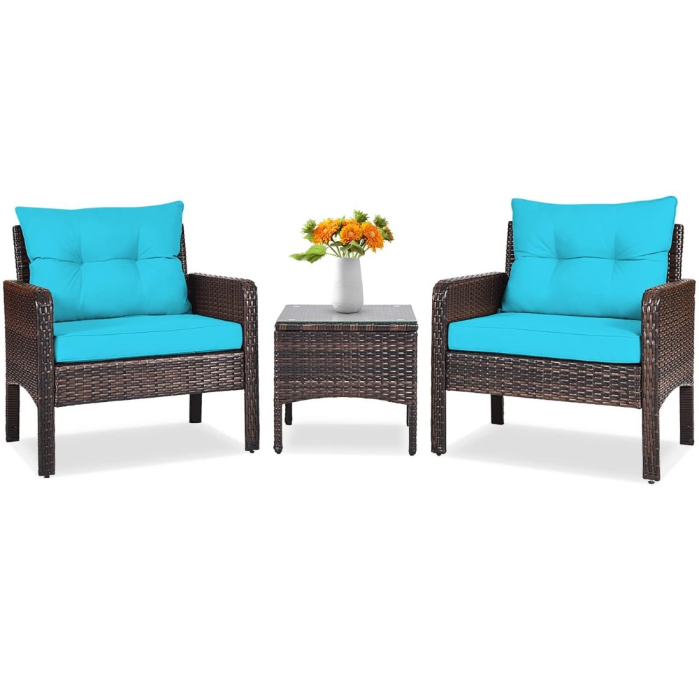 Tangkula 3 Piece Wicker Chairs With Glass Top Coffee Table, Thick Cushions, All Weather Garden Lawn Poolside Backyard Porch Outdoor Patio Furniture Set For 2 (Turquoise)