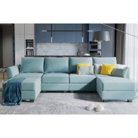 Honbay Convertible Sectional Sofa U Shaped Couch With Ottomans, Reversible Chaise Modular Oversized ,Aqua Blue