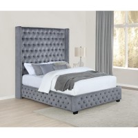 Truly a focal point for any bedroom decorExtra tall button tufted headboard framed with individually hammered silver nailheadsButton tufted side rails and footboard complete the lookUpholstered in grey velvetConstructed with pinewood