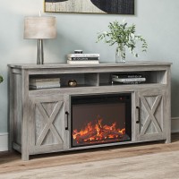 Belleze Barn Door Wood Electric Fireplace Tv Stand For Tvs Up To 65 Inches Open Shelves And Cabinets Media Entertainment Center Console Table - Corin (Gray Wash)