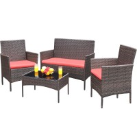 Greesum Patio Furniture 4 Pieces Conversation Sets Outdoor Wicker Rattan Chairs Garden Backyard Balcony Porch Poolside Loveseat With Soft Cushion And Glass Table, Brown And Red