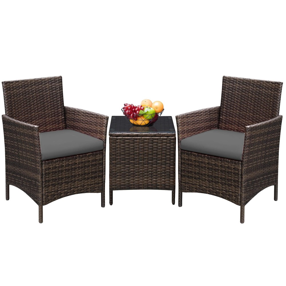 Greesum 3 Pieces Patio Furniture Pe Rattan Wicker Chair Conversation Set, Brown And Gray