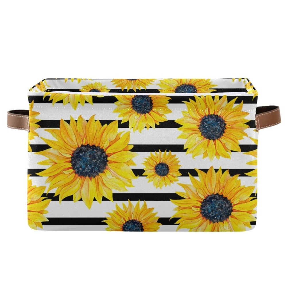 Sunflower Stripe Storage Bin Collapsible With Handle Rectangle Waterproof Sunflower Stripe Basket For Storage Cube Closet Organizer For Toy Nursery Book Office Shelf Bathroom