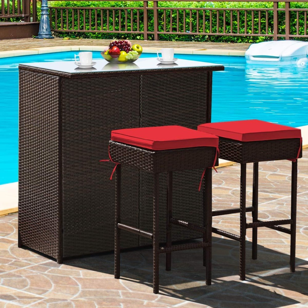 Tangkula Patio Bar Set, 3 Piece Outdoor Rattan Wicker Bar Set With 2 Cushions Stools & Glass Top Table, Outdoor Furniture Set For Patios Backyards Porches Gardens Poolside (Red)