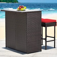 Tangkula Patio Bar Set, 3 Piece Outdoor Rattan Wicker Bar Set With 2 Cushions Stools & Glass Top Table, Outdoor Furniture Set For Patios Backyards Porches Gardens Poolside (Red)