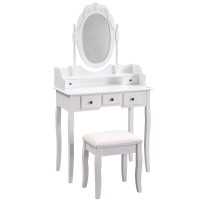 Vanity Mirror Table Set, Makeup Desk Vanity With Stool, Vintage Bedroom Vanity Lots Storage Dressing Table White For Women And Girls