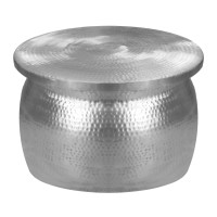 Drum Shape Round Top Aluminum Storage Accent Stool with Lid Top Open Silver(D0102H714VJ)