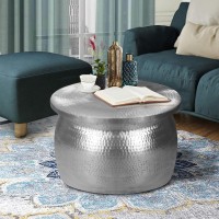 Drum Shape Round Top Aluminum Storage Accent Stool with Lid Top Open Silver(D0102H714VJ)