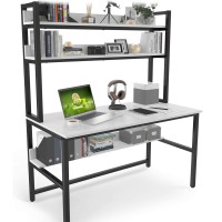 Aquzee Computer Desk With Hutch And Bookshelf, 47 Inch Wide White Home Office Desk With Space Saving Design, White Desk With 3 Tier Storage Shelves For Study Writing Work, Easy Assemble