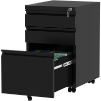 Yitahome 3-Drawer Mobile File Cabinet With Lock, Office Storage Filing Cabinet For Legal/Letter Size, Pre-Assembled Metal File Cabinet Except Wheels Under Desk -Black