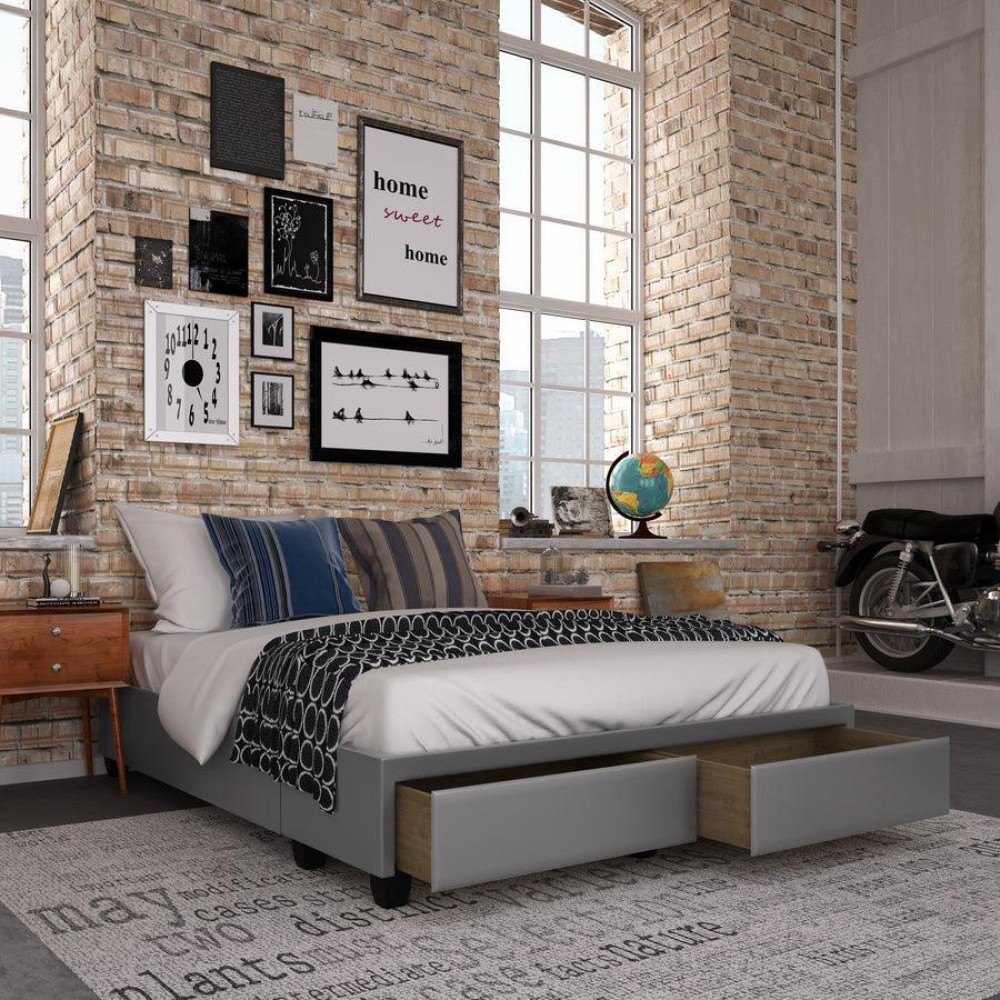 Parma Upholstered Faux Leather Platform Storage Bed  Gray