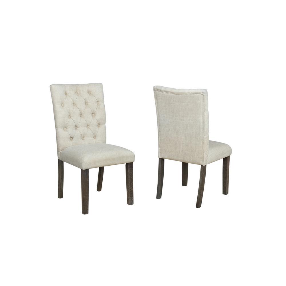 Classic Upholstered Side Chair Tufted in Linen Fabric Set of 2 Beige