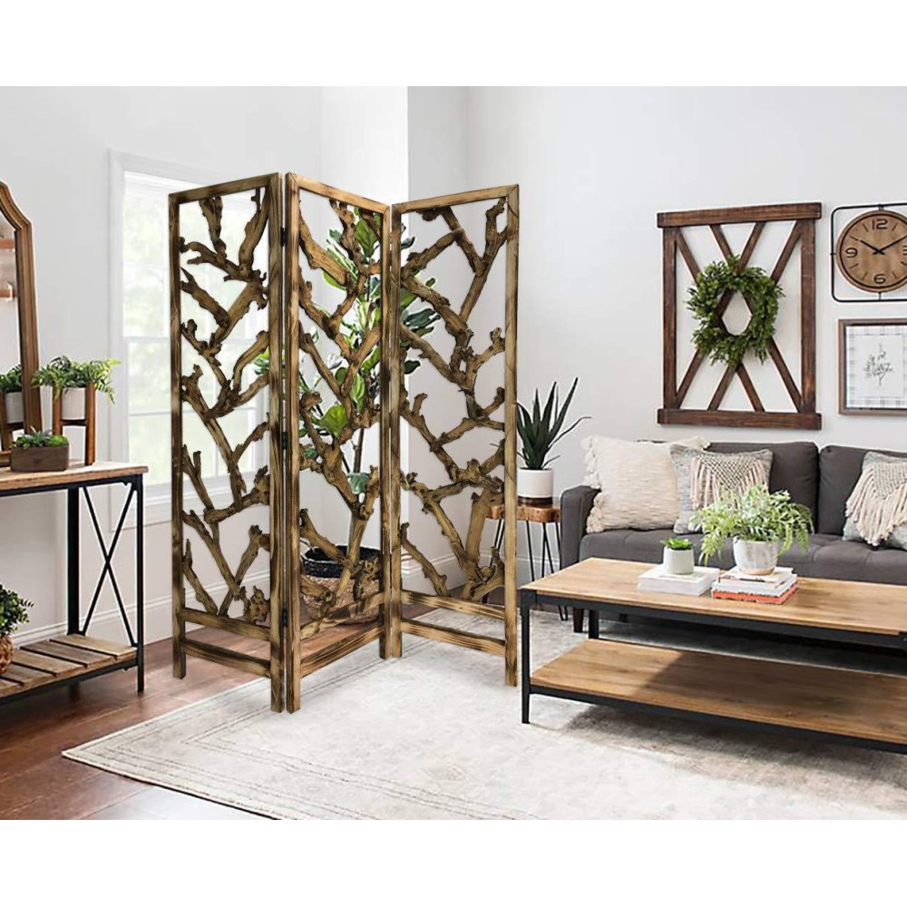 Homeroots Brown Wood 3 Panel Room Divider With Tropical Leaf