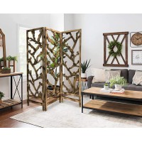 Homeroots Brown Wood 3 Panel Room Divider With Tropical Leaf