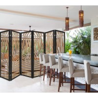 Homeroots Brown Wood 3 Panel Room Divider With Tropical Leaf Design
