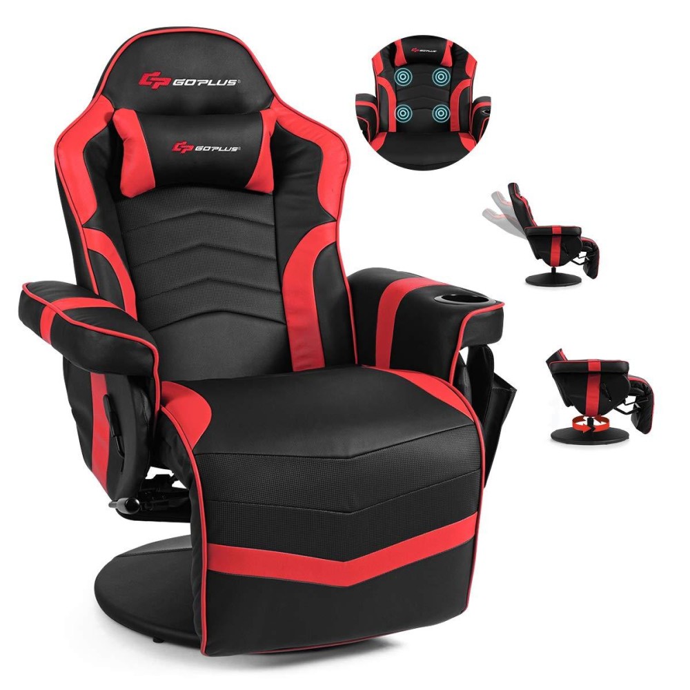 Powerstone Gaming Recliner Massage Gaming Chair With Footrest Ergonomic Pu Leather Single Sofa With Cup Holder Headrest And Side Pouch, Adjustable Living Room Chair Seating, Red