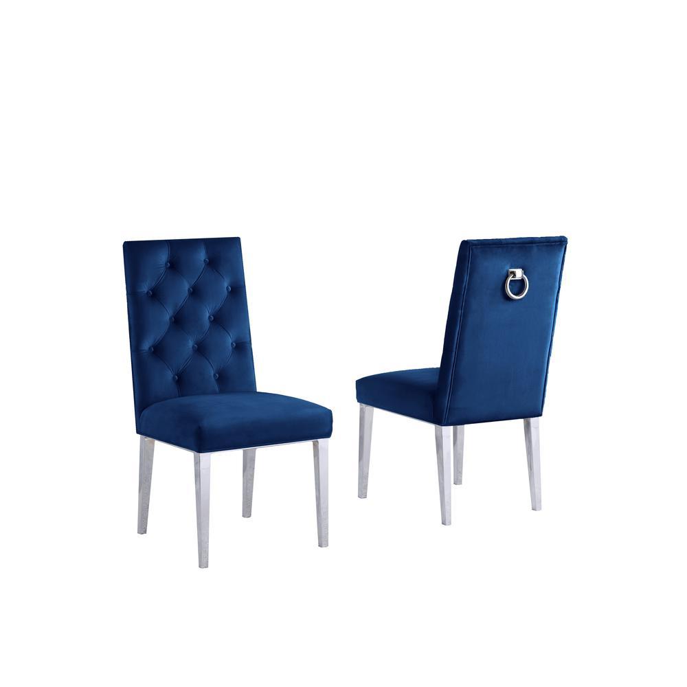 Navy Bue Velvet Tufted Dining Side Chairs Chrome Legs Set of 2