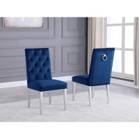 Navy Bue Velvet Tufted Dining Side Chairs Chrome Legs Set of 2