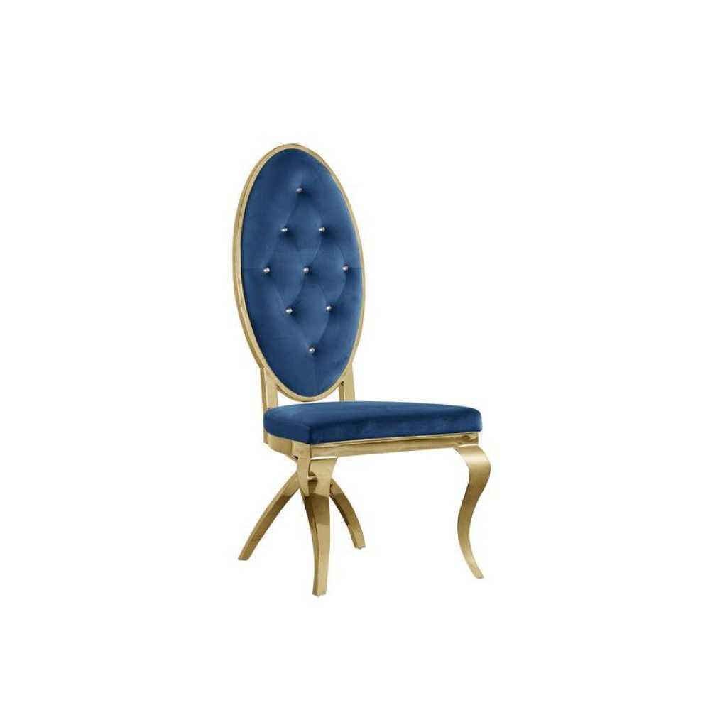 Navy Blue Velvet Tufted Dining Side Chairs Stainless Steel Gold Legs Set of 2