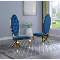 Navy Blue Velvet Tufted Dining Side Chairs Stainless Steel Gold Legs Set of 2