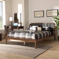 Baxton Studio Helsa Mid-Century Modern Dark Grey Fabric Upholstered And Walnut Finished King Size Platform Bed