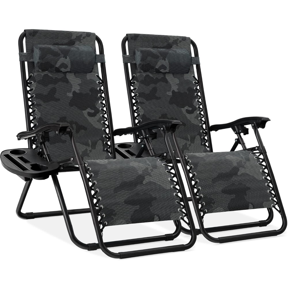 Best Choice Products Set Of 2 Adjustable Steel Mesh Zero Gravity Lounge Chair Recliners Wpillows And Cup Holder Trays Camofla