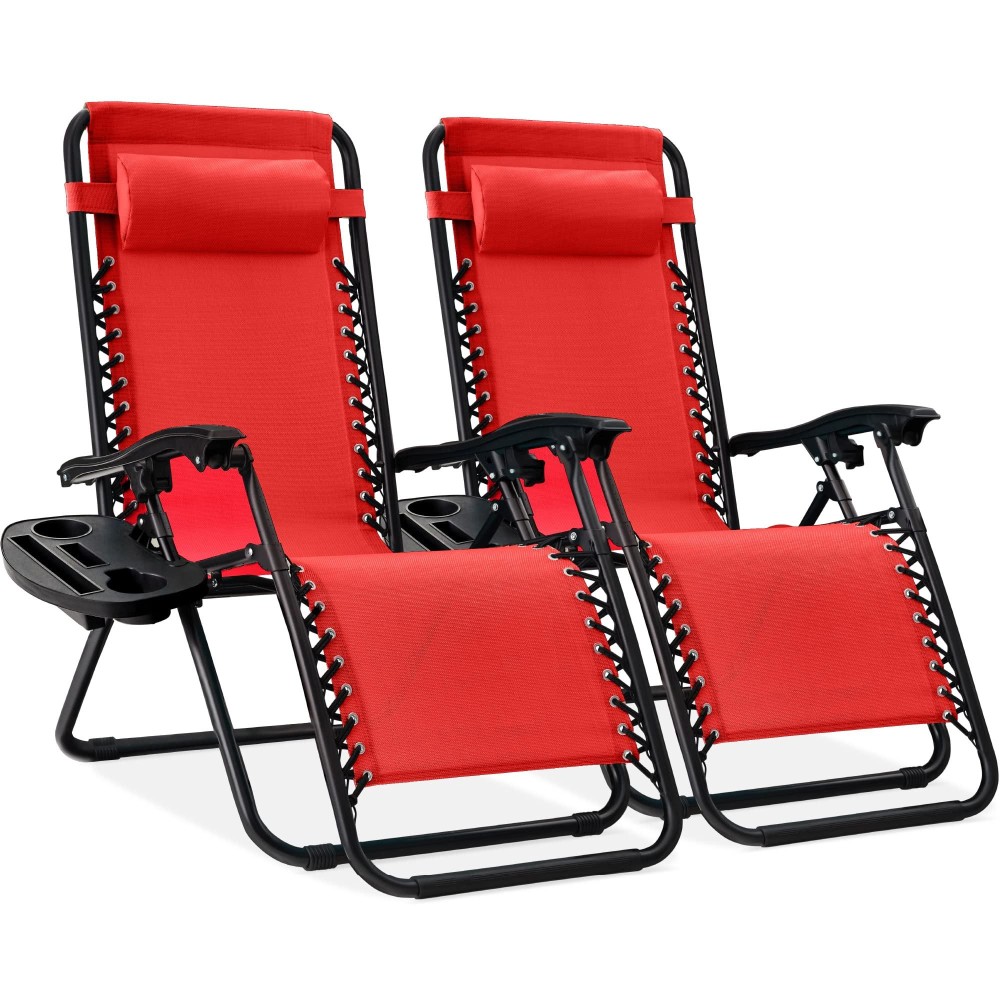 Best Choice Products Set Of 2 Adjustable Steel Mesh Zero Gravity Lounge Chair Recliners Wpillows And Cup Holder Trays Crimson