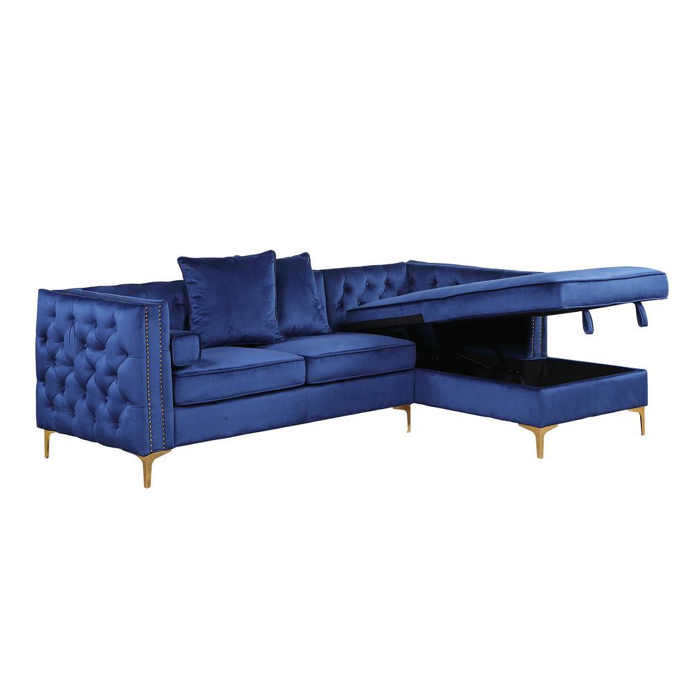 Navy Blue Velvet LShaped Sofa Chaise with Gold Feet