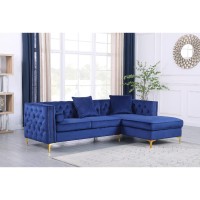 Navy Blue Velvet LShaped Sofa Chaise with Gold Feet