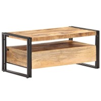 Vidaxl Rough Mango Wood Coffee Table With Steel Legs, Industrial Style Living Room Accent Table With 2 Drawers And Shelf, 39.4