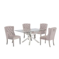 Contemporary Glass 5pc Dining Set Glass Top Dining Table Velvet Tufted Wingrest Chairs w Silver Stainless Steel Frame Beige