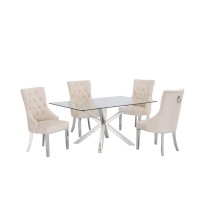 Contemporary Glass 5pc Dining Set Glass Top Dining Table Velvet Tufted Side Chairs w Silver Stainless Steel Frame Beige