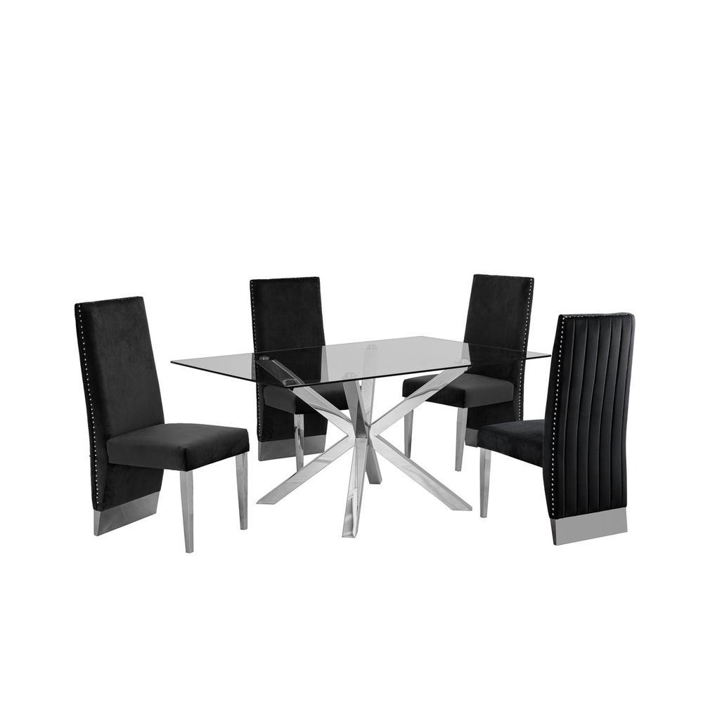 Contemporary Glass 5pc Dining Set Glass Top Dining Table wStainless Steel Steel and Pleated Velvet Uph Dining Chairs Black