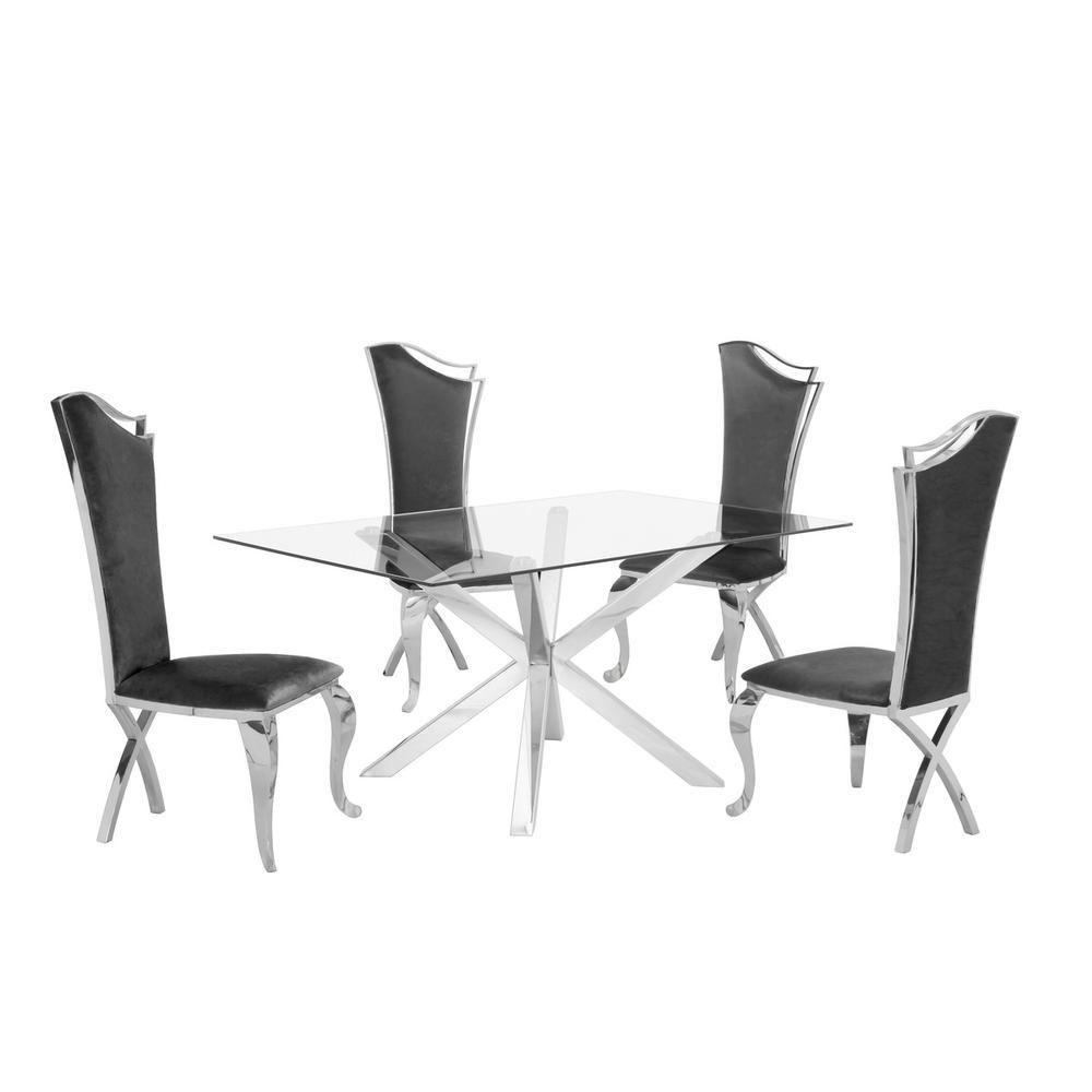 Contemporary Glass 5pc Dining Set Glass Top Dining Table Velvet Uph Dining Chairs w Silver Stainless Steel Frame Dark Grey