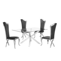 Contemporary Glass 5pc Dining Set Glass Top Dining Table Velvet Uph Dining Chairs w Silver Stainless Steel Frame Dark Grey