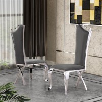 Contemporary Glass 5pc Dining Set Glass Top Dining Table Velvet Uph Dining Chairs w Silver Stainless Steel Frame Dark Grey