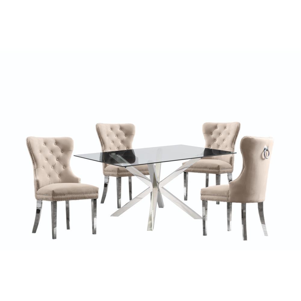 Contemporary Glass 5pc Dining Set Glass Top Dining Table Velvet Tufted Dining Chairs w Silver Stainless Steel Frame Beige