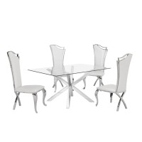 Contemporary Glass 5pc Dining Set Glass Top Dining Table Faux Leather Dining Chairs w Silver Stainless Steel Frame White