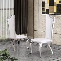 Contemporary Glass 5pc Dining Set Glass Top Dining Table Faux Leather Dining Chairs w Silver Stainless Steel Frame White