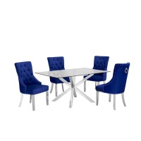 Contemporary Glass 5pc Dining Set Glass Top Dining Table Velvet Tufted Side Chairs w Silver Stainless Steel Frame Navy Blue