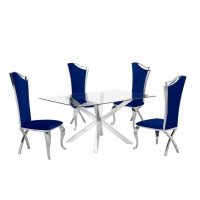 Contemporary Glass 5pc Dining Set Glass Top Dining Table Velvet Uph Dining Chairs w Silver Stainless Steel Frame Navy Blue