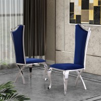 Contemporary Glass 5pc Dining Set Glass Top Dining Table Velvet Uph Dining Chairs w Silver Stainless Steel Frame Navy Blue