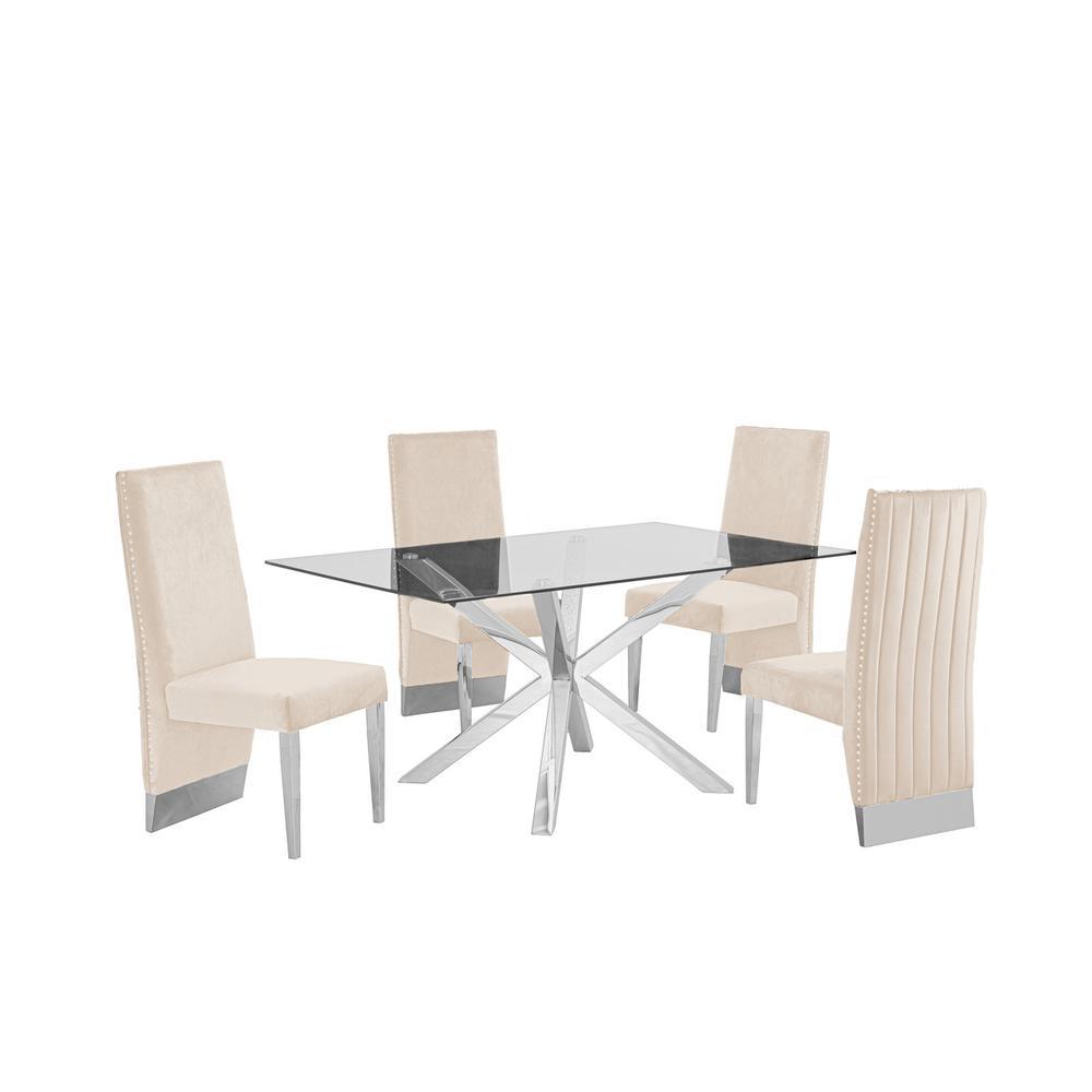 Contemporary Glass 5pc Dining Set Glass Top Dining Table wStainless Steel Steel and Pleated Velvet Uph Dining Chairs Beige