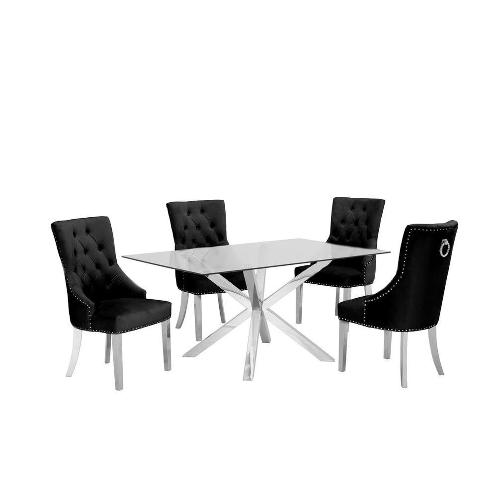 Contemporary Glass 5pc Dining Set Glass Top Dining Table Velvet Tufted Side Chairs w Silver Stainless Steel Frame Black