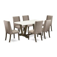 East West Furniture V726FL7167 7Piece Small Dining Table Set 6 Upholstered Dining Chairs and Dining Table Solid Wood Frame