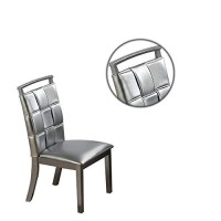 Benjara Faux Leather Dining Chair With Overlapping Square Pattern, Set Of 2, Silver