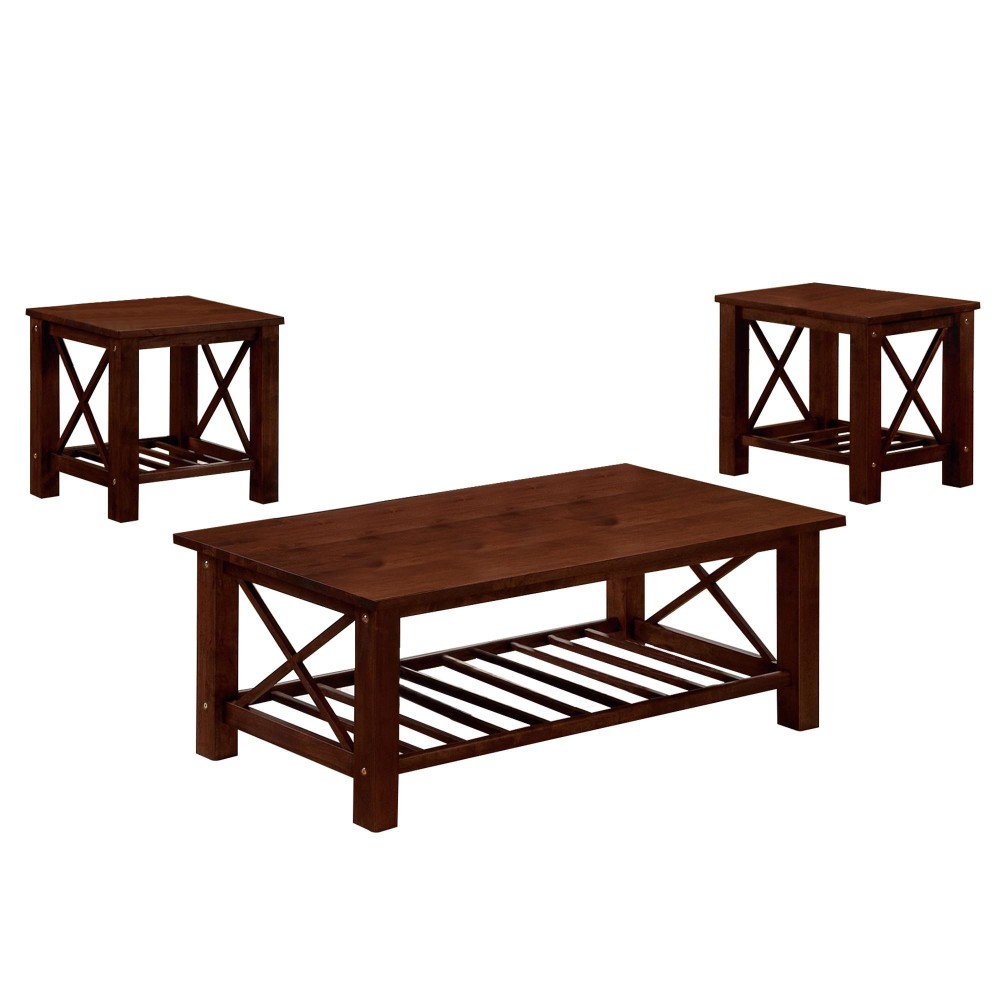 3 Piece Slatted Bottom Shelf Wooden Coffee Table and End Table, Brown