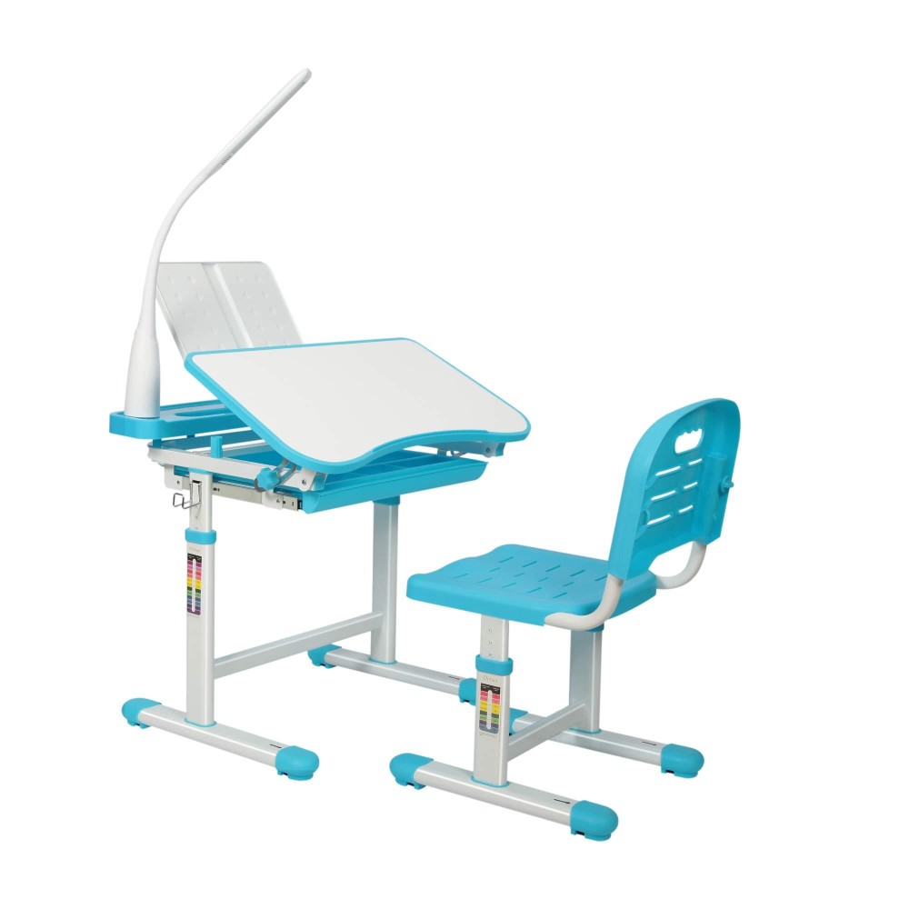 Gowxil Kids Functional Desk And Chair Set, Height Adjustable Children School Study Desk With Tilt Desktop, Bookstand, Led Light, Metal Hook And Storage Drawer For Boys Girls(Blue)