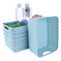 Starvast 5 Pack Plastic Storage Baskets, Portable Blue Fish Scale Pattern Hollow Desktop Storage Bin Box With Handle For Kitchen, Bathroom, Kids Room Or Nursery Storage - 9.4 X 7.1 X 4.1 Inches