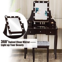 DORTALA Vanity Table Set w/ 360-Degree Rectangular Mirror & Cushioned Stool, Makeup Table w/ 10 LED Dimmable Bulbs, Bedroom Wood Dressing Table w/ 5 Drawers & Removable Box Organizer, Brown